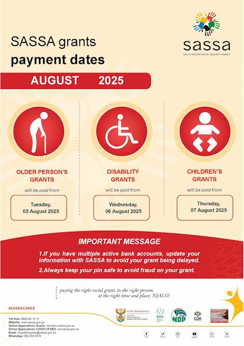 SASSA payment dates for August 2025