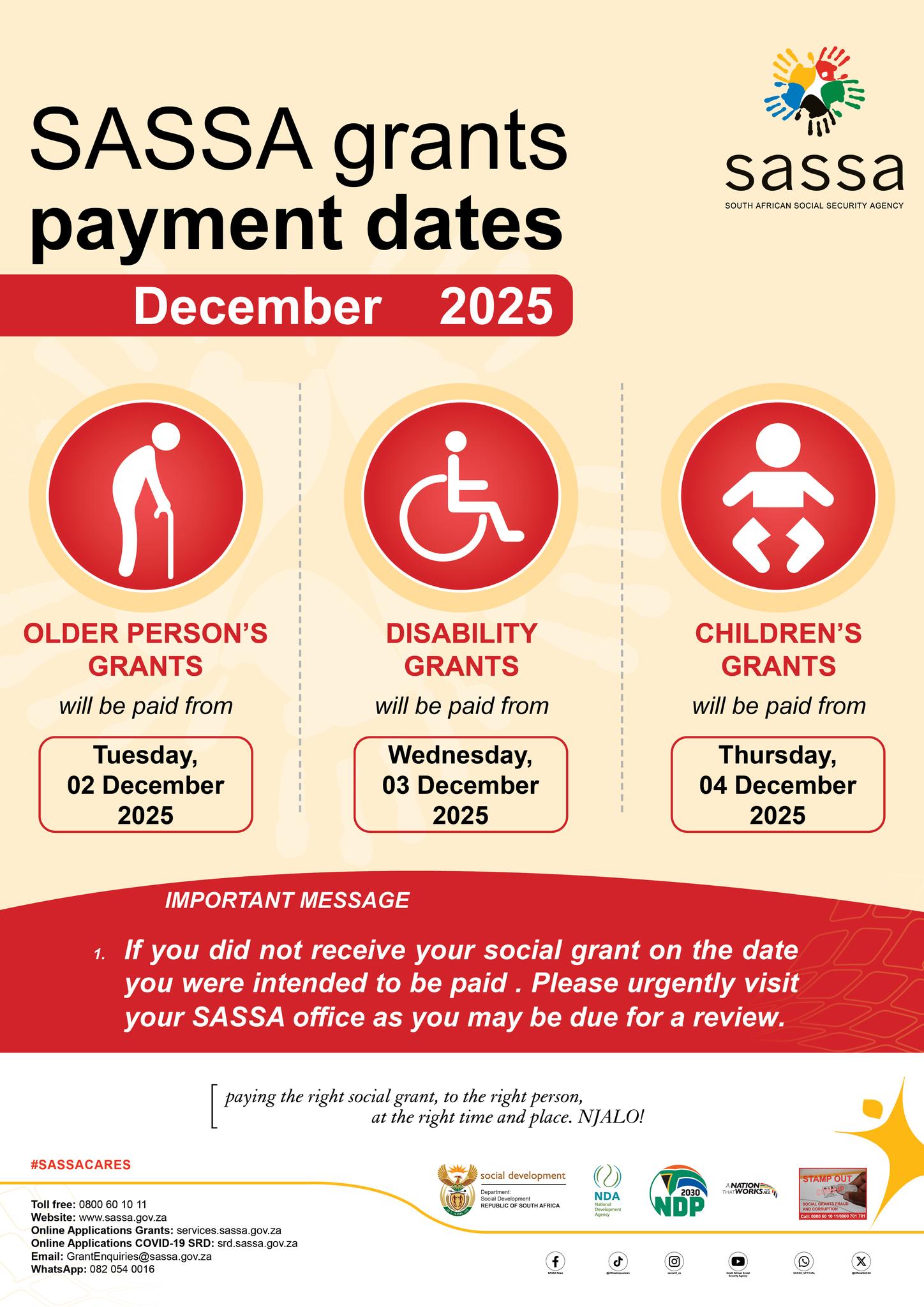 SASSA payment dates for December 2025